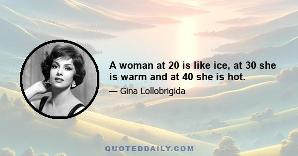 A woman at 20 is like ice, at 30 she is warm and at 40 she is hot.