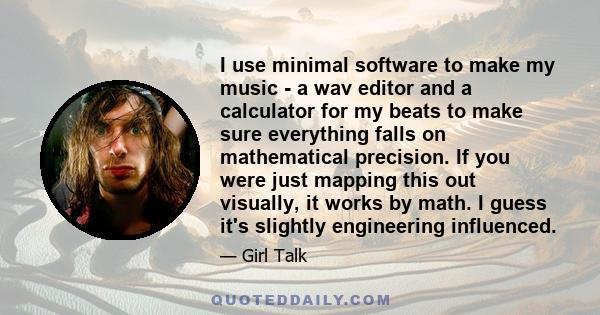 I use minimal software to make my music - a wav editor and a calculator for my beats to make sure everything falls on mathematical precision. If you were just mapping this out visually, it works by math. I guess it's