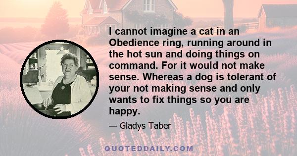 I cannot imagine a cat in an Obedience ring, running around in the hot sun and doing things on command. For it would not make sense. Whereas a dog is tolerant of your not making sense and only wants to fix things so you 