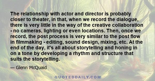 The relationship with actor and director is probably closer to theater, in that, when we record the dialogue, there is very little in the way of the creative collaboration - no cameras, lighting or even locations. Then, 