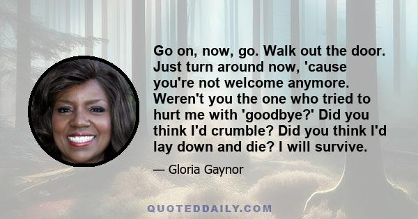 Go on, now, go. Walk out the door. Just turn around now, 'cause you're not welcome anymore. Weren't you the one who tried to hurt me with 'goodbye?' Did you think I'd crumble? Did you think I'd lay down and die? I will