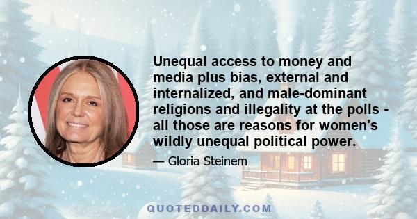 Unequal access to money and media plus bias, external and internalized, and male-dominant religions and illegality at the polls - all those are reasons for women's wildly unequal political power.