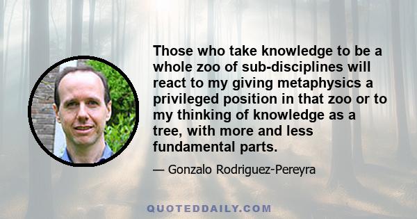 Those who take knowledge to be a whole zoo of sub-disciplines will react to my giving metaphysics a privileged position in that zoo or to my thinking of knowledge as a tree, with more and less fundamental parts.