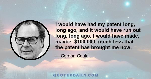 I would have had my patent long, long ago, and it would have run out long, long ago. I would have made, maybe, $100.000, much less that the patent has brought me now.