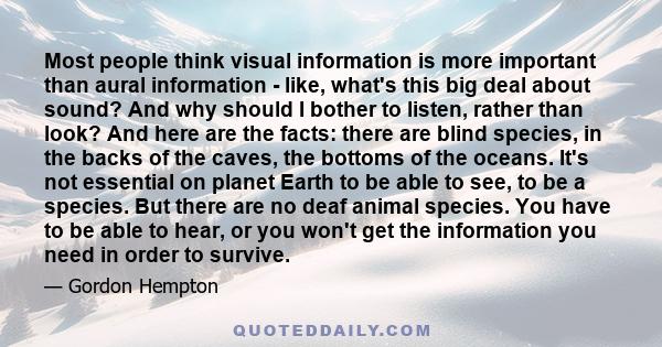 Most people think visual information is more important than aural information - like, what's this big deal about sound? And why should I bother to listen, rather than look? And here are the facts: there are blind