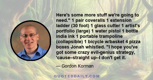 Here's some more stuff we're going to need. 1 pair coveralls 1 extension ladder (30 foot) 1 glass cutter 1 artist's portfolio (large) 1 water pistol 1 bottle india ink 1 portable trampoline (collapsible) 1 bicycle