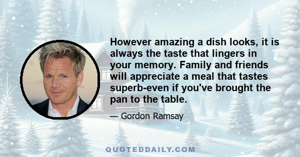 However amazing a dish looks, it is always the taste that lingers in your memory. Family and friends will appreciate a meal that tastes superb-even if you've brought the pan to the table.