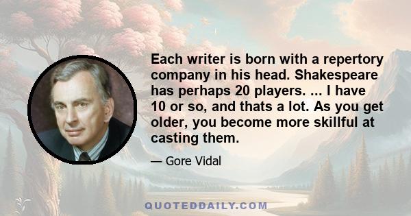 Each writer is born with a repertory company in his head. Shakespeare has perhaps 20 players. ... I have 10 or so, and thats a lot. As you get older, you become more skillful at casting them.