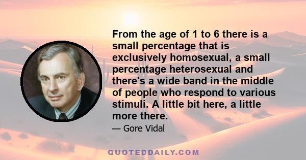 From the age of 1 to 6 there is a small percentage that is exclusively homosexual, a small percentage heterosexual and there's a wide band in the middle of people who respond to various stimuli. A little bit here, a