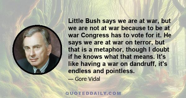 Little Bush says we are at war, but we are not at war because to be at war Congress has to vote for it. He says we are at war on terror, but that is a metaphor, though I doubt if he knows what that means. It's like