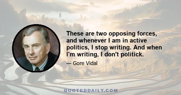 These are two opposing forces, and whenever I am in active politics, I stop writing. And when I'm writing, I don't politick.