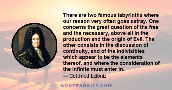 There are two famous labyrinths where our reason very often goes astray. One concerns the great question of the free and the necessary, above all in the production and the origin of Evil. The other consists in the