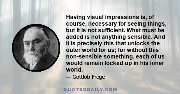 Having visual impressions is, of course, necessary for seeing things, but it is not sufficient. What must be added is not anything sensible. And it is precisely this that unlocks the outer world for us; for without this 