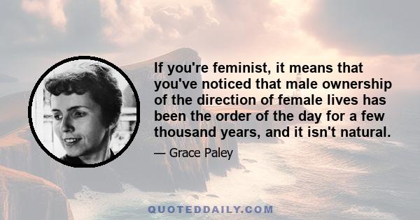 If you're feminist, it means that you've noticed that male ownership of the direction of female lives has been the order of the day for a few thousand years, and it isn't natural.