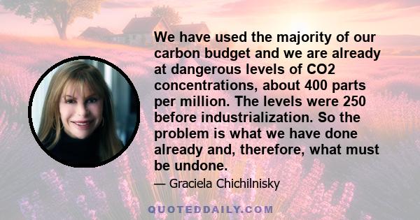 We have used the majority of our carbon budget and we are already at dangerous levels of CO2 concentrations, about 400 parts per million. The levels were 250 before industrialization. So the problem is what we have done 