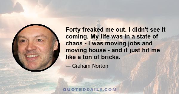 Forty freaked me out. I didn't see it coming. My life was in a state of chaos - I was moving jobs and moving house - and it just hit me like a ton of bricks.