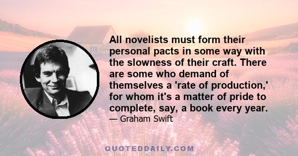 All novelists must form their personal pacts in some way with the slowness of their craft. There are some who demand of themselves a 'rate of production,' for whom it's a matter of pride to complete, say, a book every