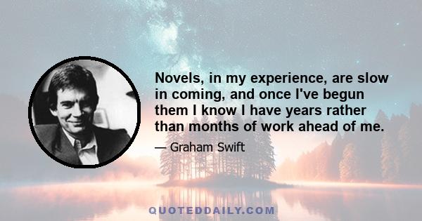 Novels, in my experience, are slow in coming, and once I've begun them I know I have years rather than months of work ahead of me.