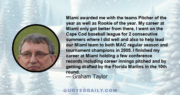 Miami awarded me with the teams Pitcher of the year as well as Rookie of the year. My career at Miami only got better from there, I went on the Cape Cod baseball league for 2 consecutive summers where I did well and