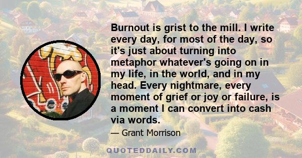 Burnout is grist to the mill. I write every day, for most of the day, so it's just about turning into metaphor whatever's going on in my life, in the world, and in my head. Every nightmare, every moment of grief or joy