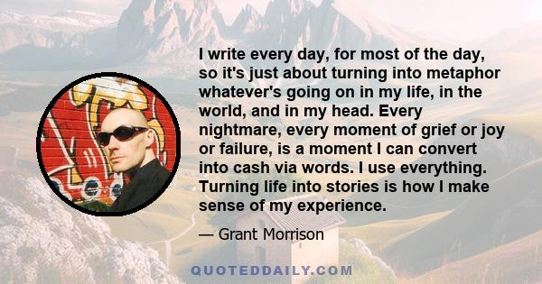 I write every day, for most of the day, so it's just about turning into metaphor whatever's going on in my life, in the world, and in my head. Every nightmare, every moment of grief or joy or failure, is a moment I can