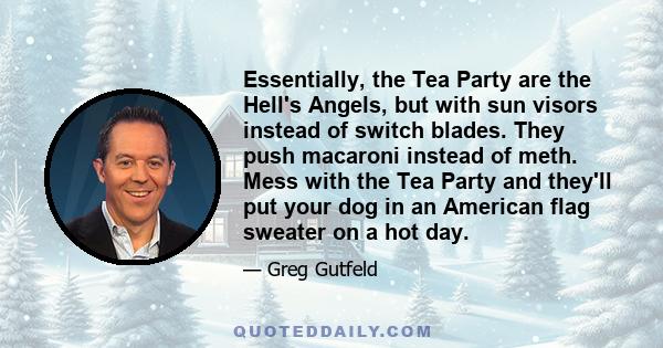 Essentially, the Tea Party are the Hell's Angels, but with sun visors instead of switch blades. They push macaroni instead of meth. Mess with the Tea Party and they'll put your dog in an American flag sweater on a hot