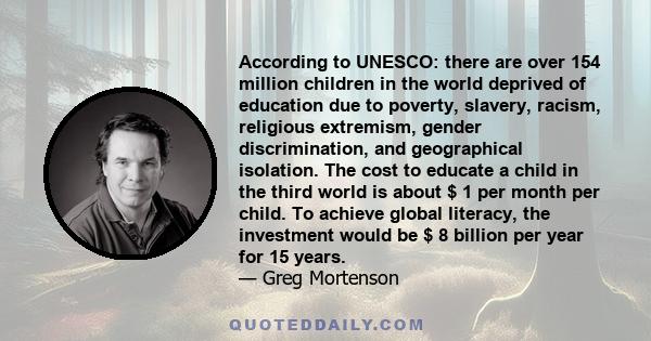 According to UNESCO: there are over 154 million children in the world deprived of education due to poverty, slavery, racism, religious extremism, gender discrimination, and geographical isolation. The cost to educate a