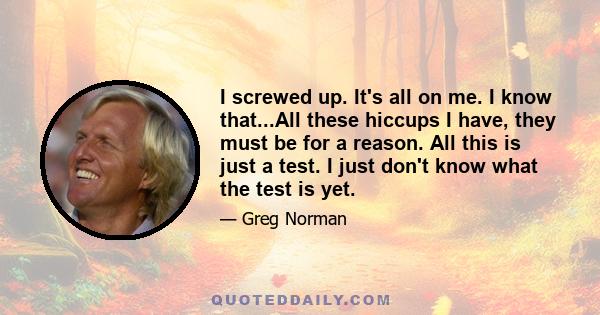 I screwed up. It's all on me. I know that...All these hiccups I have, they must be for a reason. All this is just a test. I just don't know what the test is yet.