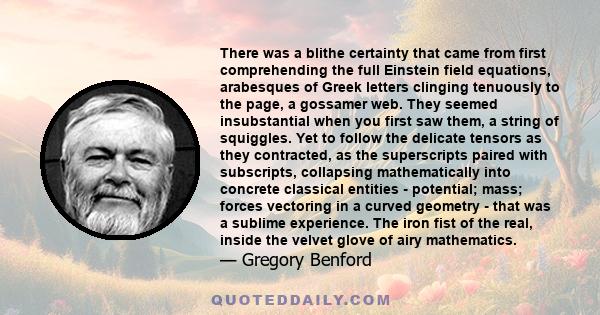 There was a blithe certainty that came from first comprehending the full Einstein field equations, arabesques of Greek letters clinging tenuously to the page, a gossamer web. They seemed insubstantial when you first saw 