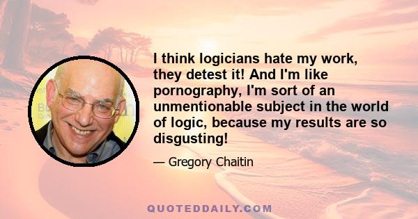 I think logicians hate my work, they detest it! And I'm like pornography, I'm sort of an unmentionable subject in the world of logic, because my results are so disgusting!