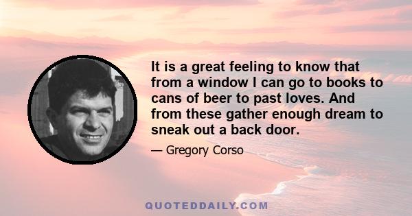 It is a great feeling to know that from a window I can go to books to cans of beer to past loves. And from these gather enough dream to sneak out a back door.