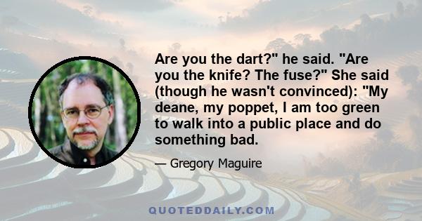 Are you the dart? he said. Are you the knife? The fuse? She said (though he wasn't convinced): My deane, my poppet, I am too green to walk into a public place and do something bad.