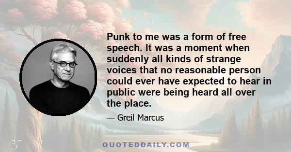 Punk to me was a form of free speech. It was a moment when suddenly all kinds of strange voices that no reasonable person could ever have expected to hear in public were being heard all over the place.