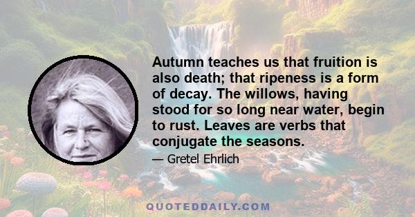 Autumn teaches us that fruition is also death; that ripeness is a form of decay. The willows, having stood for so long near water, begin to rust. Leaves are verbs that conjugate the seasons.