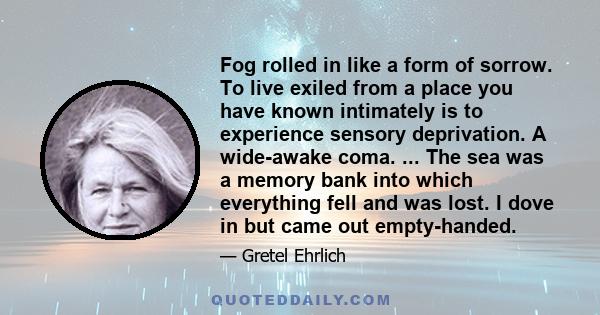 Fog rolled in like a form of sorrow. To live exiled from a place you have known intimately is to experience sensory deprivation. A wide-awake coma. ... The sea was a memory bank into which everything fell and was lost.