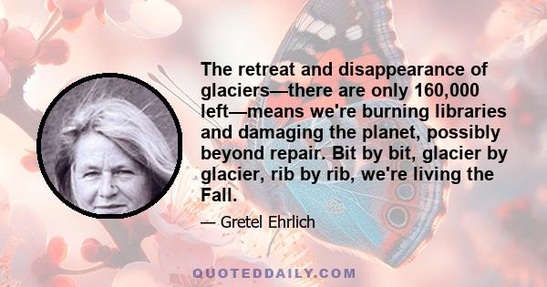 The retreat and disappearance of glaciers—there are only 160,000 left—means we're burning libraries and damaging the planet, possibly beyond repair. Bit by bit, glacier by glacier, rib by rib, we're living the Fall.