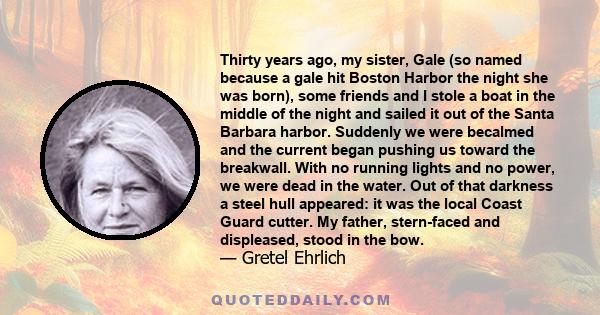 Thirty years ago, my sister, Gale (so named because a gale hit Boston Harbor the night she was born), some friends and I stole a boat in the middle of the night and sailed it out of the Santa Barbara harbor. Suddenly we 