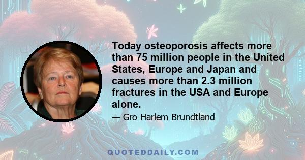 Today osteoporosis affects more than 75 million people in the United States, Europe and Japan and causes more than 2.3 million fractures in the USA and Europe alone.