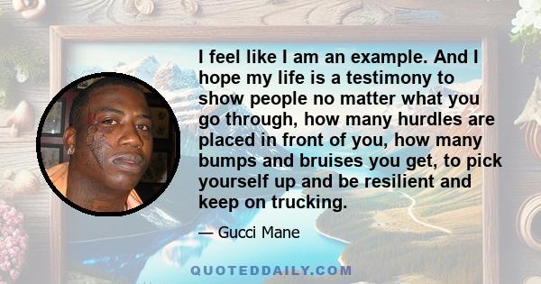 I feel like I am an example. And I hope my life is a testimony to show people no matter what you go through, how many hurdles are placed in front of you, how many bumps and bruises you get, to pick yourself up and be