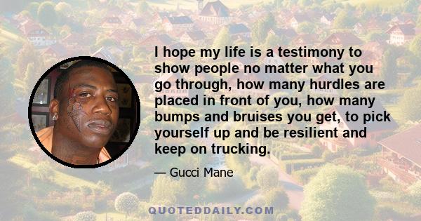 I hope my life is a testimony to show people no matter what you go through, how many hurdles are placed in front of you, how many bumps and bruises you get, to pick yourself up and be resilient and keep on trucking.