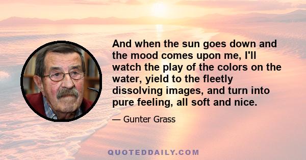 And when the sun goes down and the mood comes upon me, I'll watch the play of the colors on the water, yield to the fleetly dissolving images, and turn into pure feeling, all soft and nice.