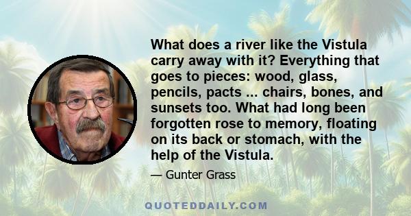 What does a river like the Vistula carry away with it? Everything that goes to pieces: wood, glass, pencils, pacts ... chairs, bones, and sunsets too. What had long been forgotten rose to memory, floating on its back or 