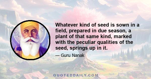 Whatever kind of seed is sown in a field, prepared in due season, a plant of that same kind, marked with the peculiar qualities of the seed, springs up in it.