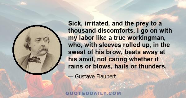 Sick, irritated, and the prey to a thousand discomforts, I go on with my labor like a true workingman, who, with sleeves rolled up, in the sweat of his brow, beats away at his anvil, not caring whether it rains or