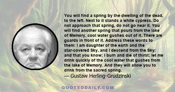 You will find a spring by the dwelling of the dead, to the left. Next to it stands a white cypress. Do not approach that spring, do not go near it. You will find another spring that pours from the lake of Memory, cool