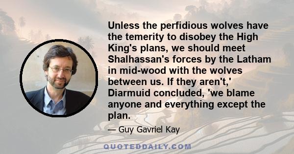 Unless the perfidious wolves have the temerity to disobey the High King's plans, we should meet Shalhassan's forces by the Latham in mid-wood with the wolves between us. If they aren't,' Diarmuid concluded, 'we blame