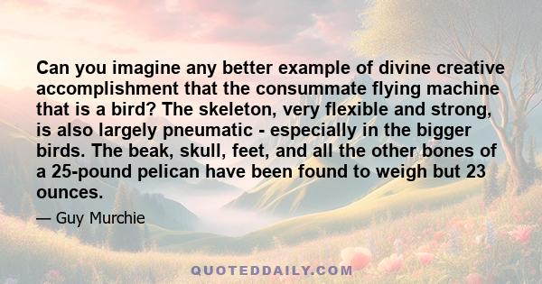 Can you imagine any better example of divine creative accomplishment that the consummate flying machine that is a bird? The skeleton, very flexible and strong, is also largely pneumatic - especially in the bigger birds. 