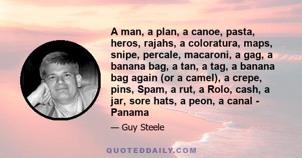 A man, a plan, a canoe, pasta, heros, rajahs, a coloratura, maps, snipe, percale, macaroni, a gag, a banana bag, a tan, a tag, a banana bag again (or a camel), a crepe, pins, Spam, a rut, a Rolo, cash, a jar, sore hats, 