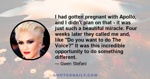 I had gotten pregnant with Apollo, and I didn't plan on that - it was just such a beautiful miracle. Four weeks later they called me and, like Do you want to do The Voice? It was this incredible opportunity to do