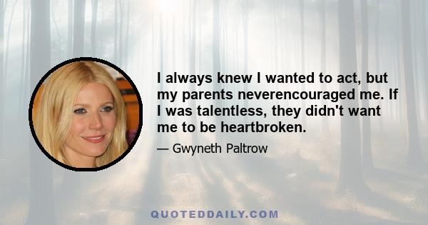 I always knew I wanted to act, but my parents neverencouraged me. If I was talentless, they didn't want me to be heartbroken.